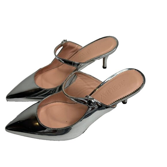 J.Crew $228 Colette Mule Heels Silver Specchio Italian Leather Size 6 BM692 - Picture 2 of 8